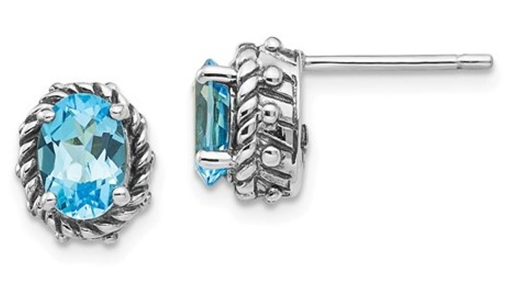 Sterling Silver Antiqued Oval Shaped Blue Topaz Earrings<