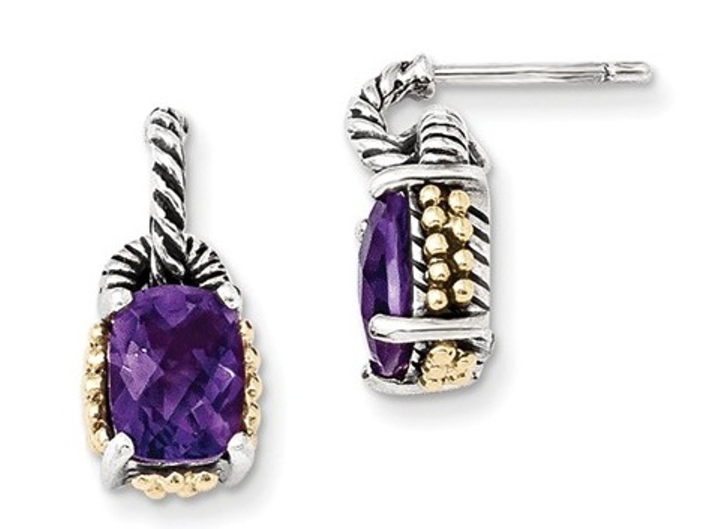 Sterling Silver and 14k Yellow Gold Cushion Shaped Amethyst Earrings