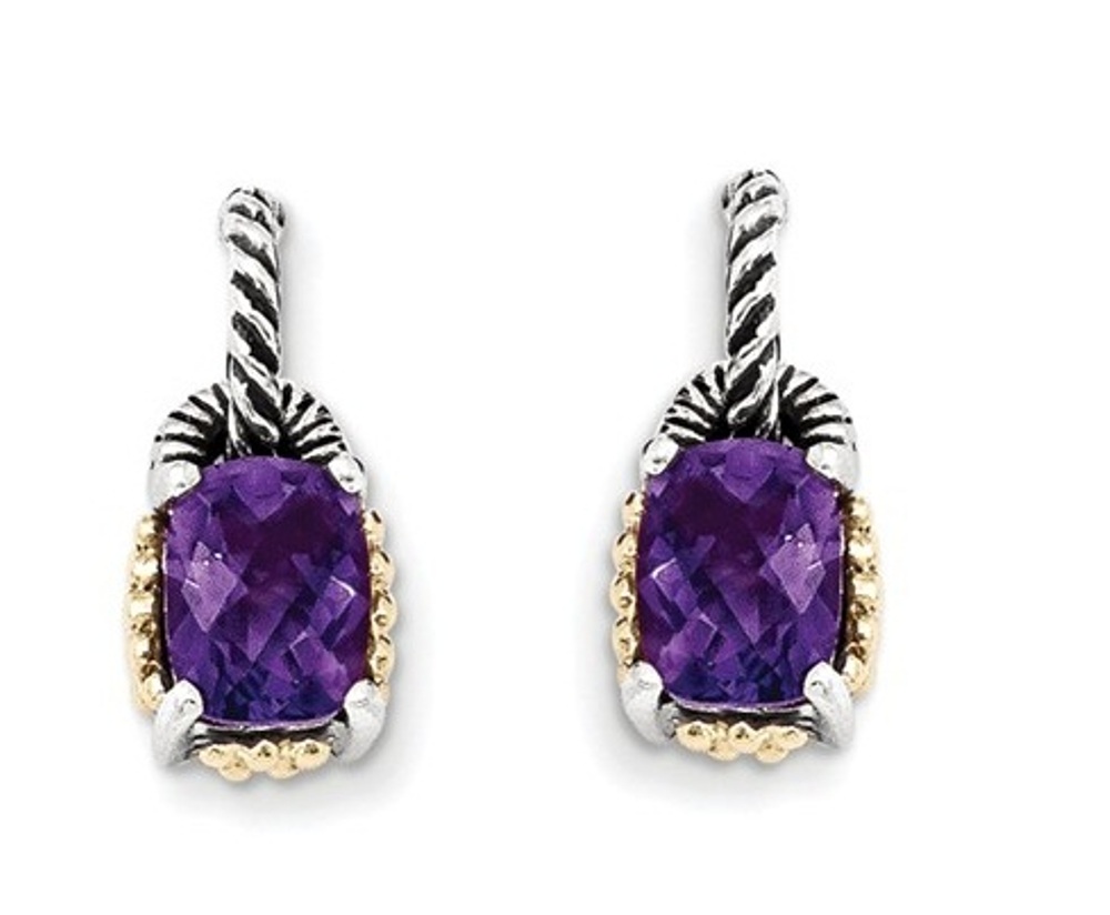 Sterling Silver and 14k Yellow Gold Cushion Shaped Amethyst Earrings