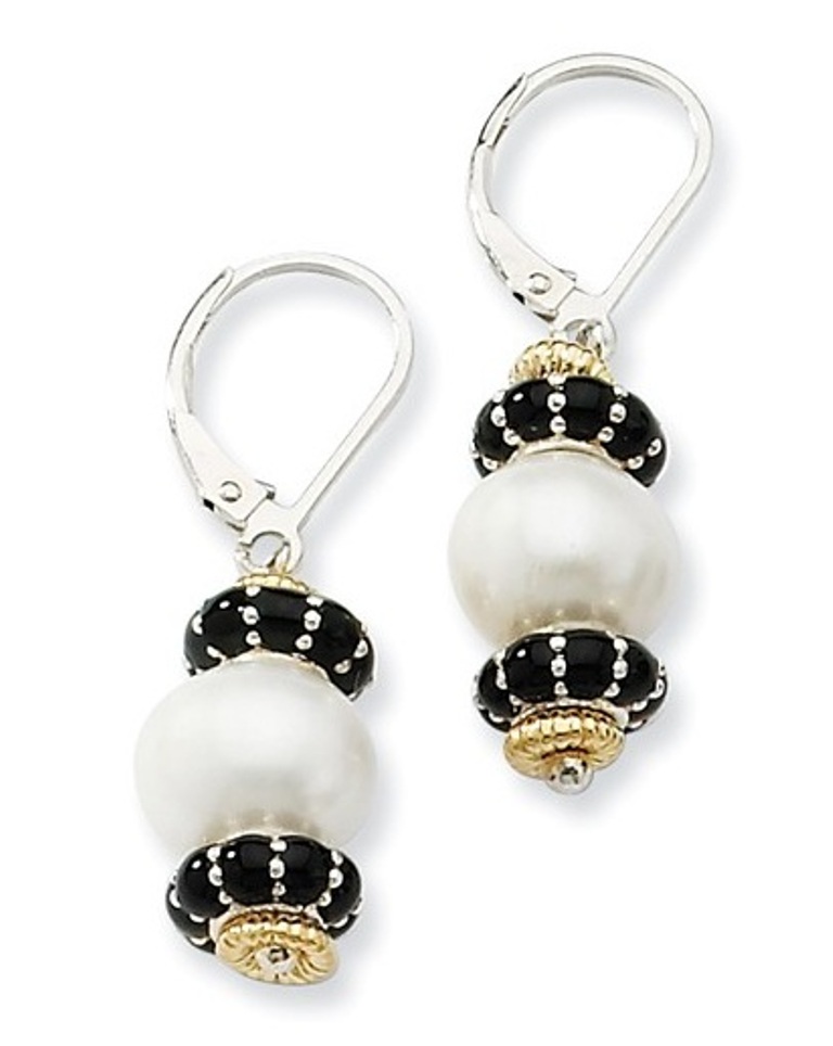 Sterling Silver and 14k Yellow Gold Freshwater Cultured Pearl and Enamelled Bead Earrings