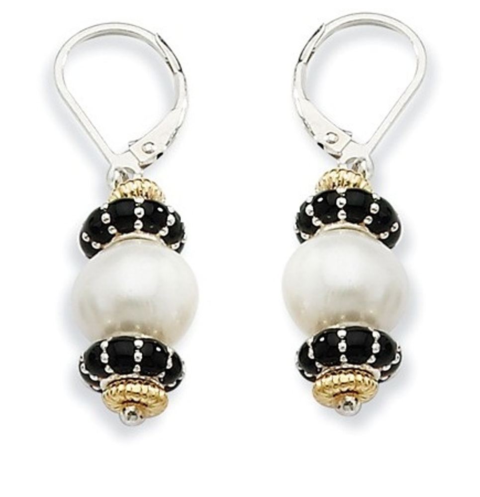 Sterling Silver and 14k Yellow Gold Freshwater Cultured Pearl and Enameled Bead Earrings