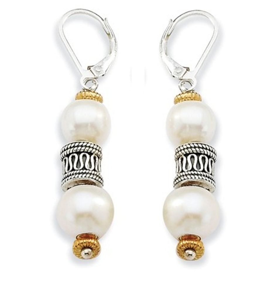 Sterling Silver and 14k Yellow Gold Freshwater Cultured Pearl and Barrel Earrings