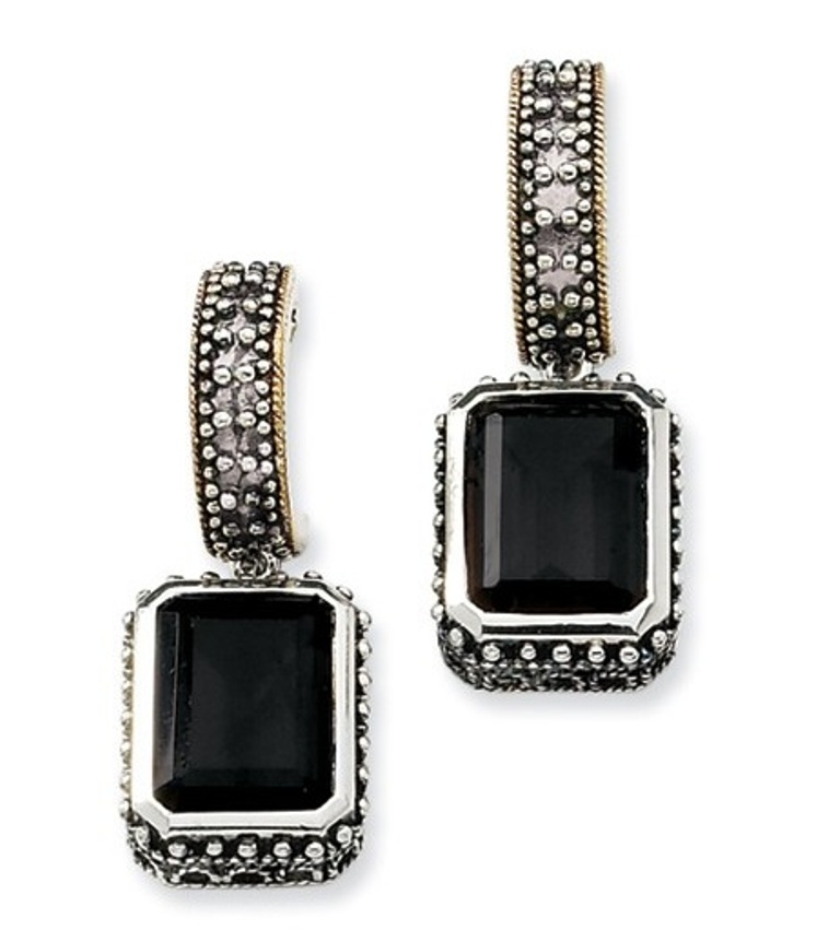 Sterling Silver and 14k Yellow Gold Emerald Octagon Shape Black Onyx Earrings