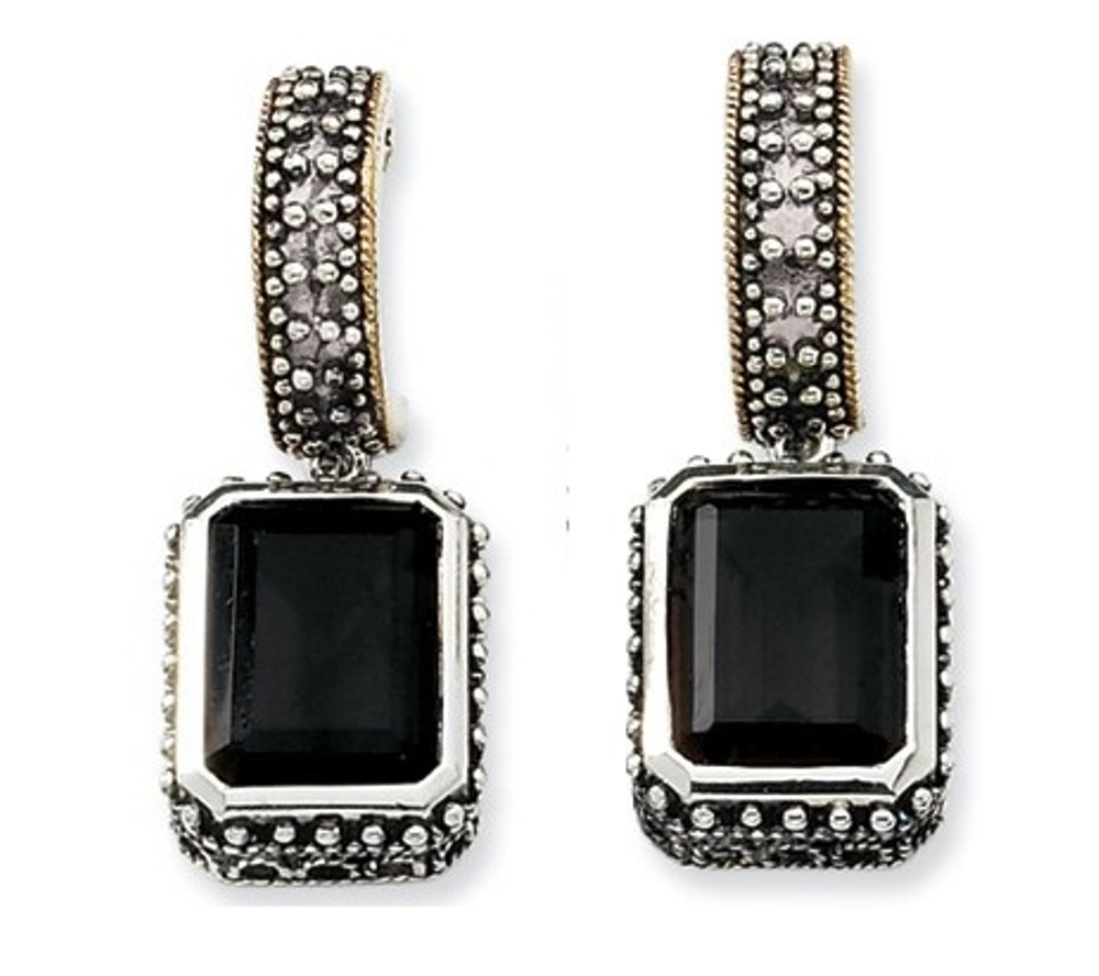 Sterling Silver and 14k Yellow Gold Emerald Octagon Shape Black Onyx Earrings 
