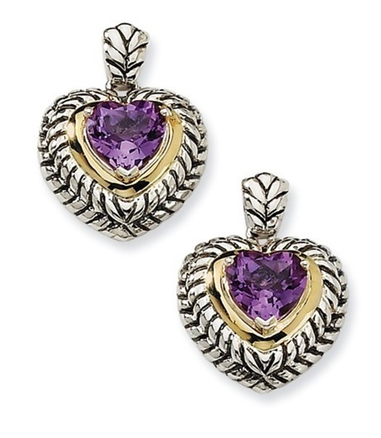 Sterling Silver and 14k Yellow Gold Heart Shape Amethyst Earrings