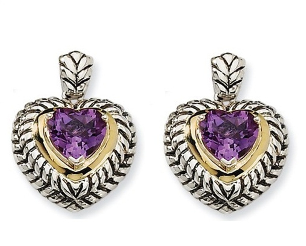 Sterling Silver and 14k Yellow Gold Amethyst Heart Shape Earrings