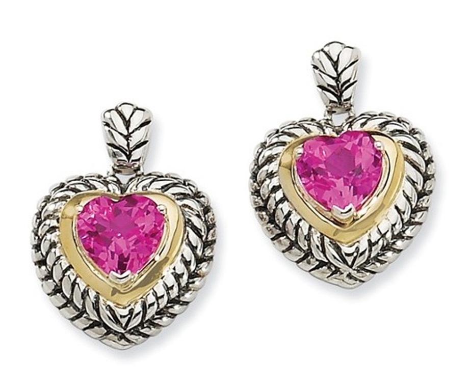 Sterling Silver and 14k Yellow Gold Created Pink Sapphire Earrings