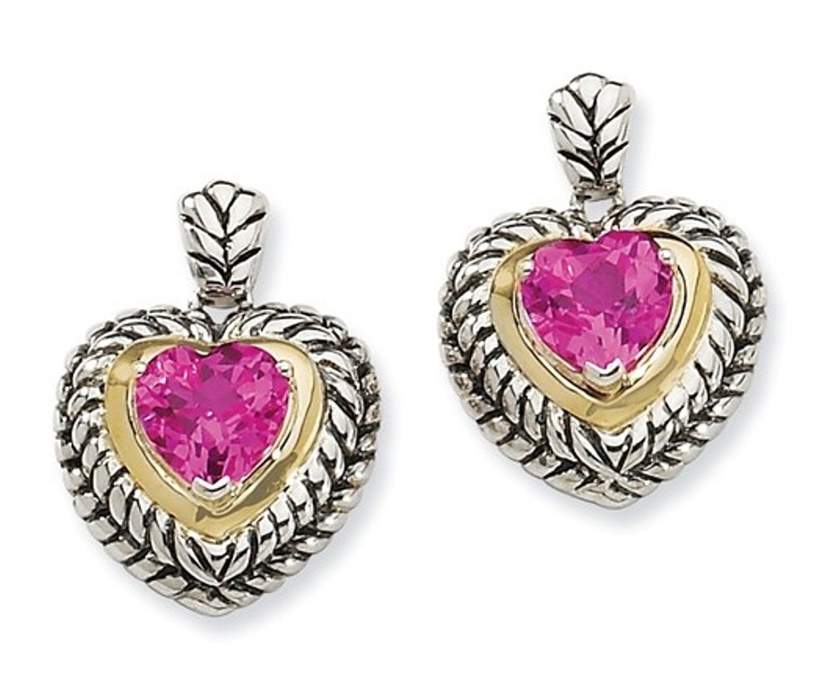 Sterling Silver and 14k Yellow Gold Created Pink Sapphire Earrings