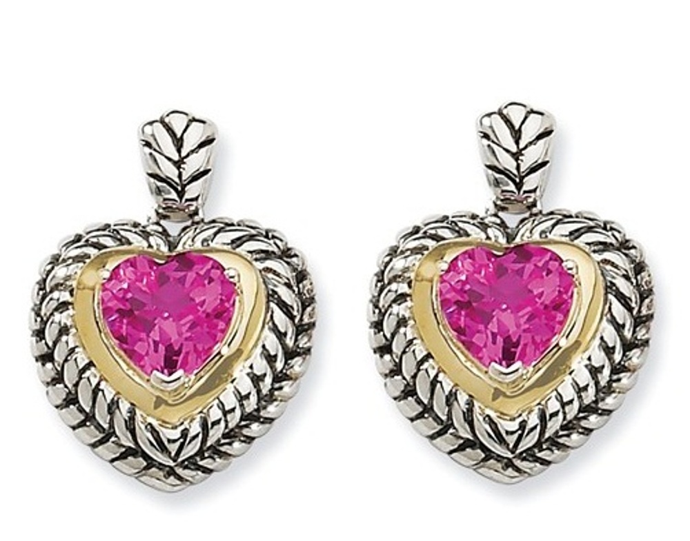 Sterling Silver and 14k Yellow Gold Created Pink Sapphire Earrings