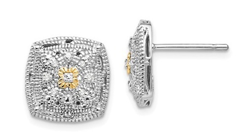 Rhodium-Plated Sterling Silver and 14k Yellow Gold Round Diamond Earrings