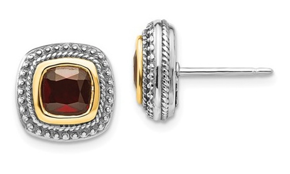 Sterling Silver and 14k Yellow Gold Square Garnet Earrings