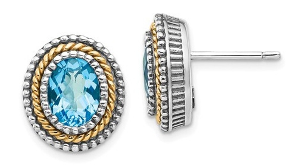 Sterling Silver and 14k Yellow Gold Oval Blue Topaz Earrings