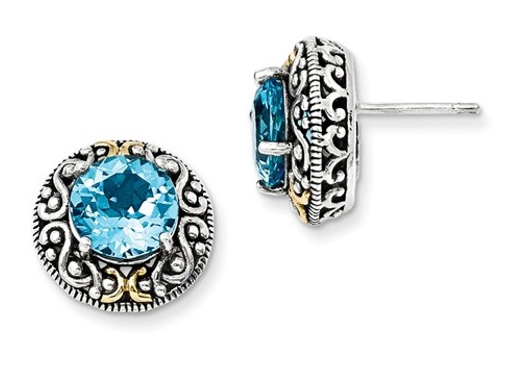 Sterling Silver and 14k Yellow Gold Round Blue Topaz Earrings
