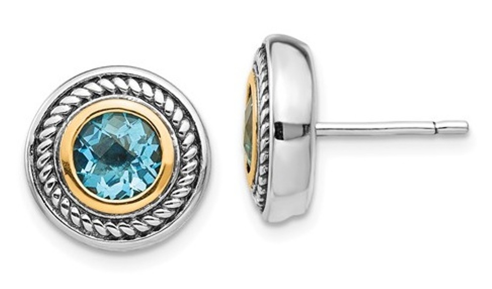 Sterling Silver and 14k Yellow Gold Round Blue Topaz Earrings