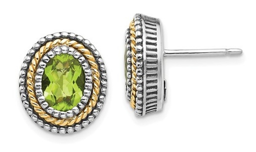 Sterling Silver and 14k Yellow Gold Green Peridot Earrings
