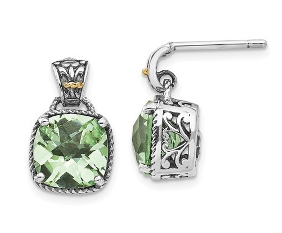 Sterling Silver and 14k Yellow Gold Green Quartz Earrings