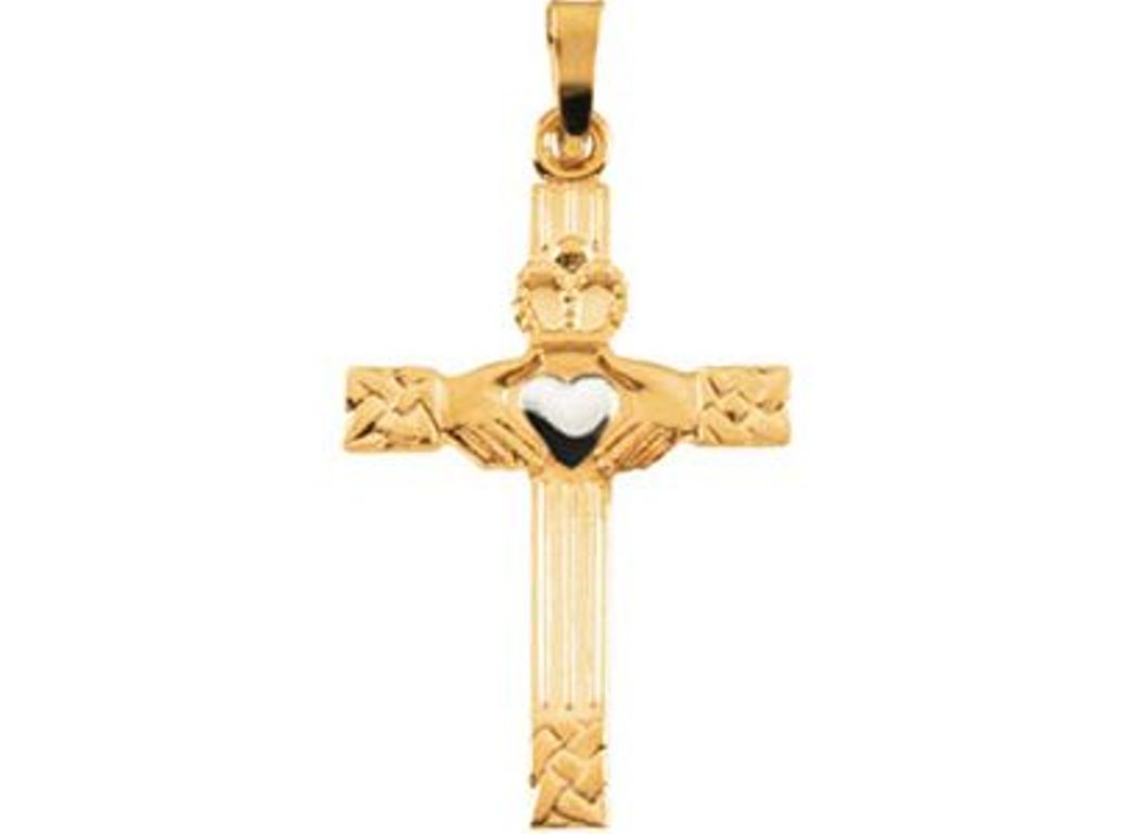 14k Yellow and White Gold Claddagh Cross Pendant