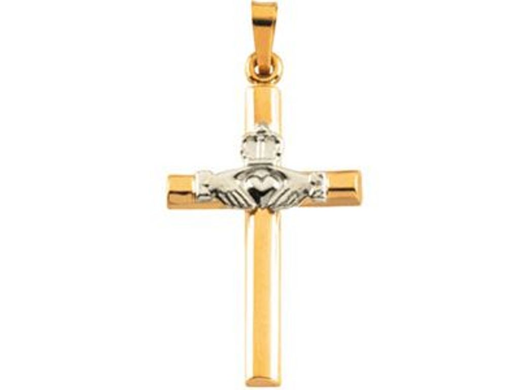 14k Yellow and White Gold Hollow Claddagh Cross Pendant