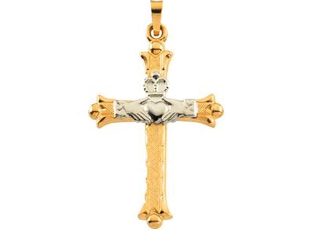14k Yellow and White Gold Two Tone Hollow Claddagh Cross Pendant