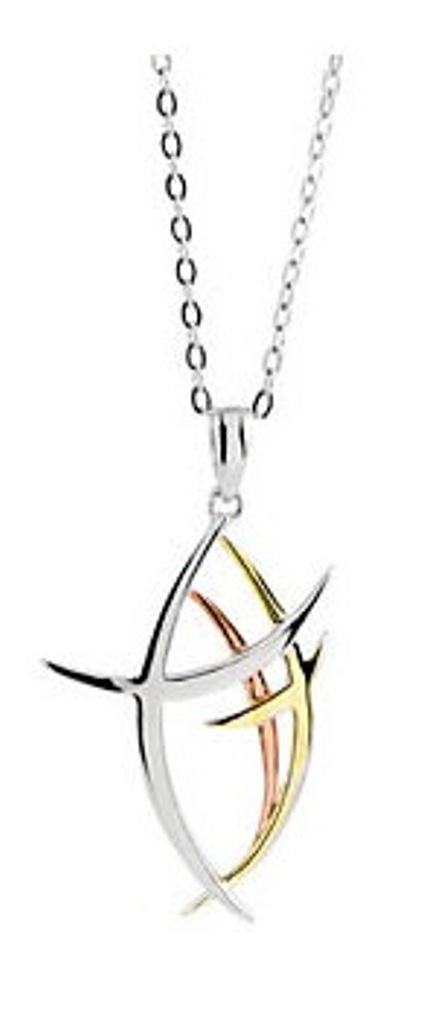 Contemporary Fish Walk Worthy Necklace in rhodium plate sterling silver, rose and yellow gold plate sterling silver.