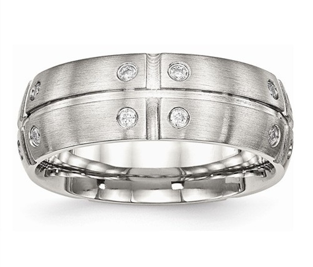 Brushed Stainless Steel 8mm Cubic Zirconia Half Round Grooved Wedding Band