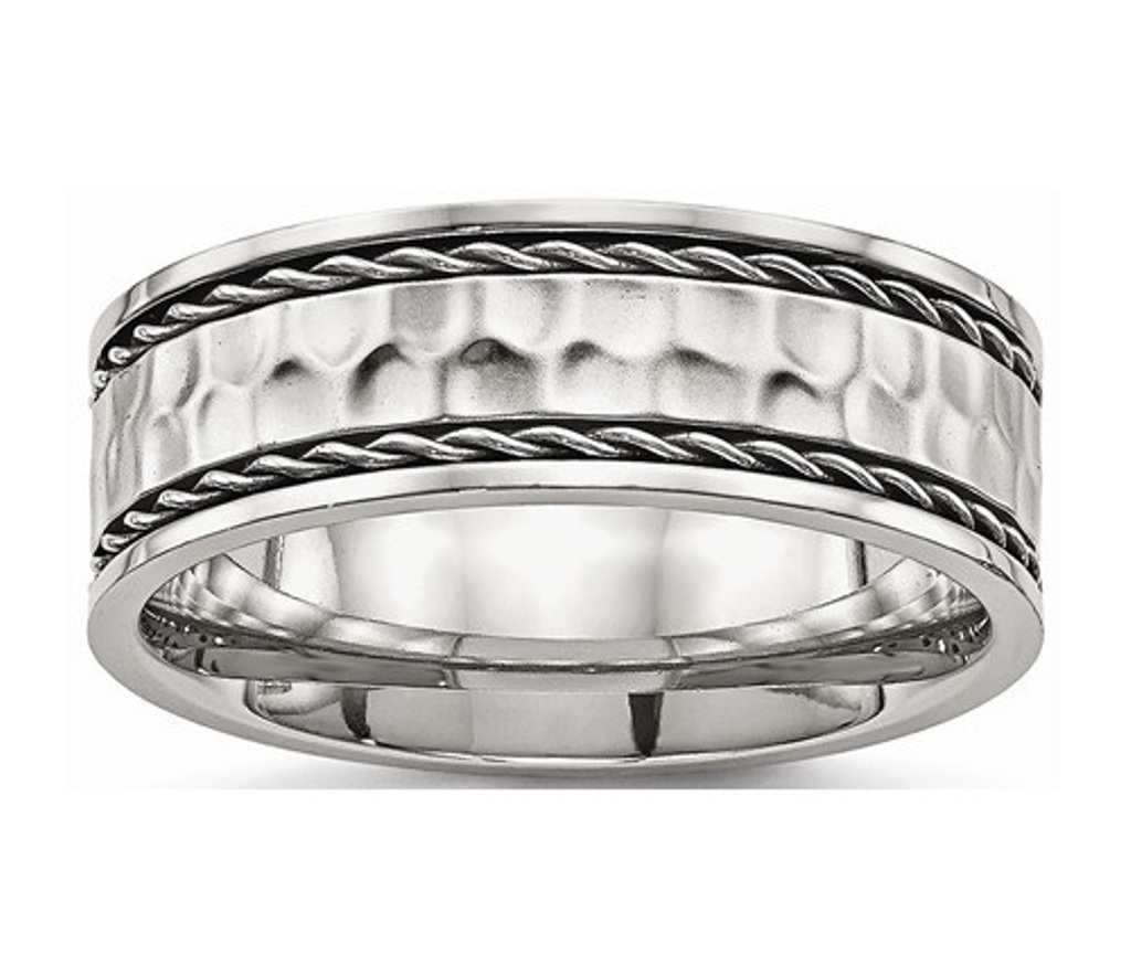 Polished Stainless Steel Hammered 8mm Comfort- Fit  Wedding Band 