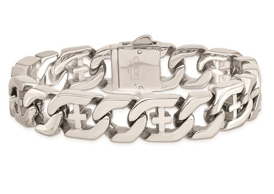 Stainless Steel Polished Link With Crosses 8.5in Bracelet