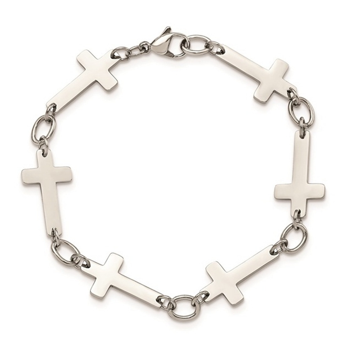 Stainless Steel Polished Sideways Cross 8in Bracelet