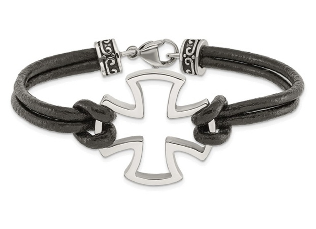 Stainless Steel Polished Cross Black Leather Bracelet