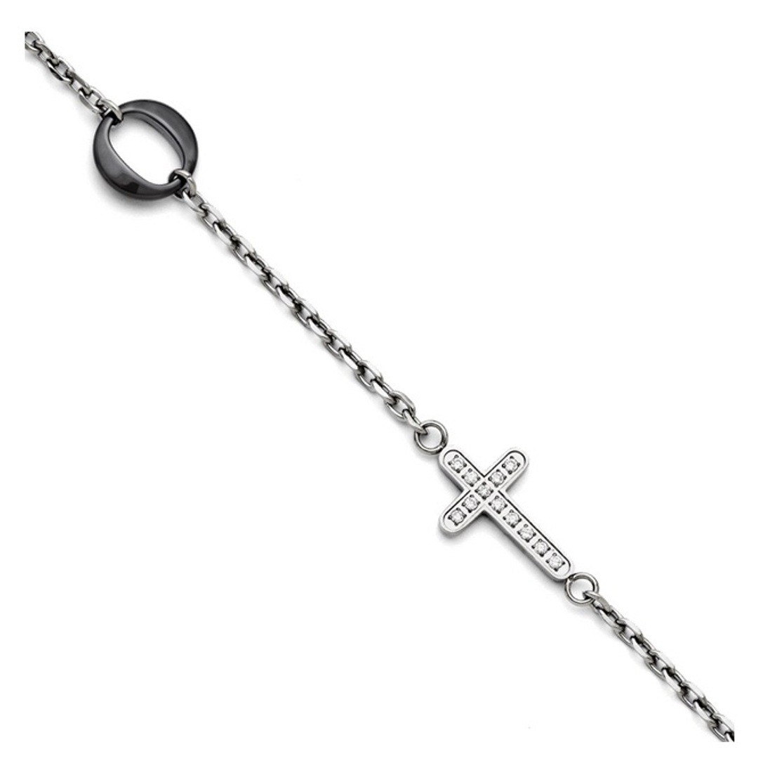 Stainless Steel And Ceramic Polished Sideways Cross CZ Bracelet