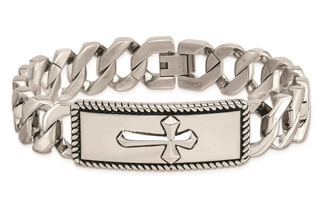 Stainless Steel Polished And Antiqued Cross Bracelet