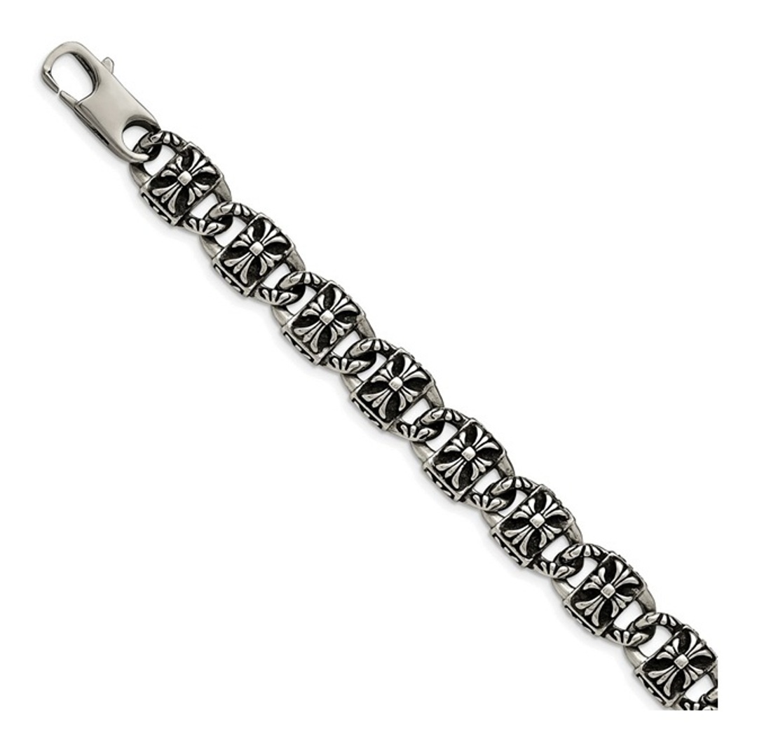 Stainless Steel Polished And Antiqued Cross Bracelet