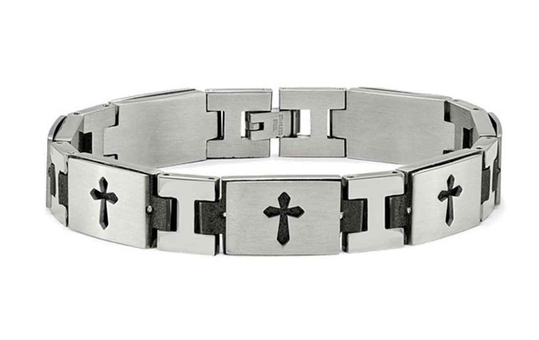 Stainless Steel Brushed,Polished And Laser Cut Black IP Cross 8.75in Bracelet
