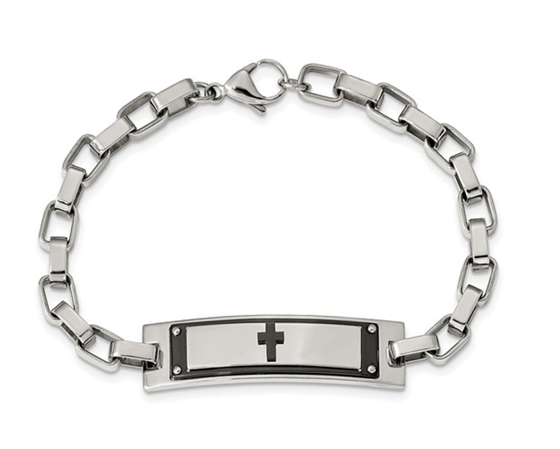 Stainless Steel Polished Black IP-Plated Cross 8.5in Link Bracelet