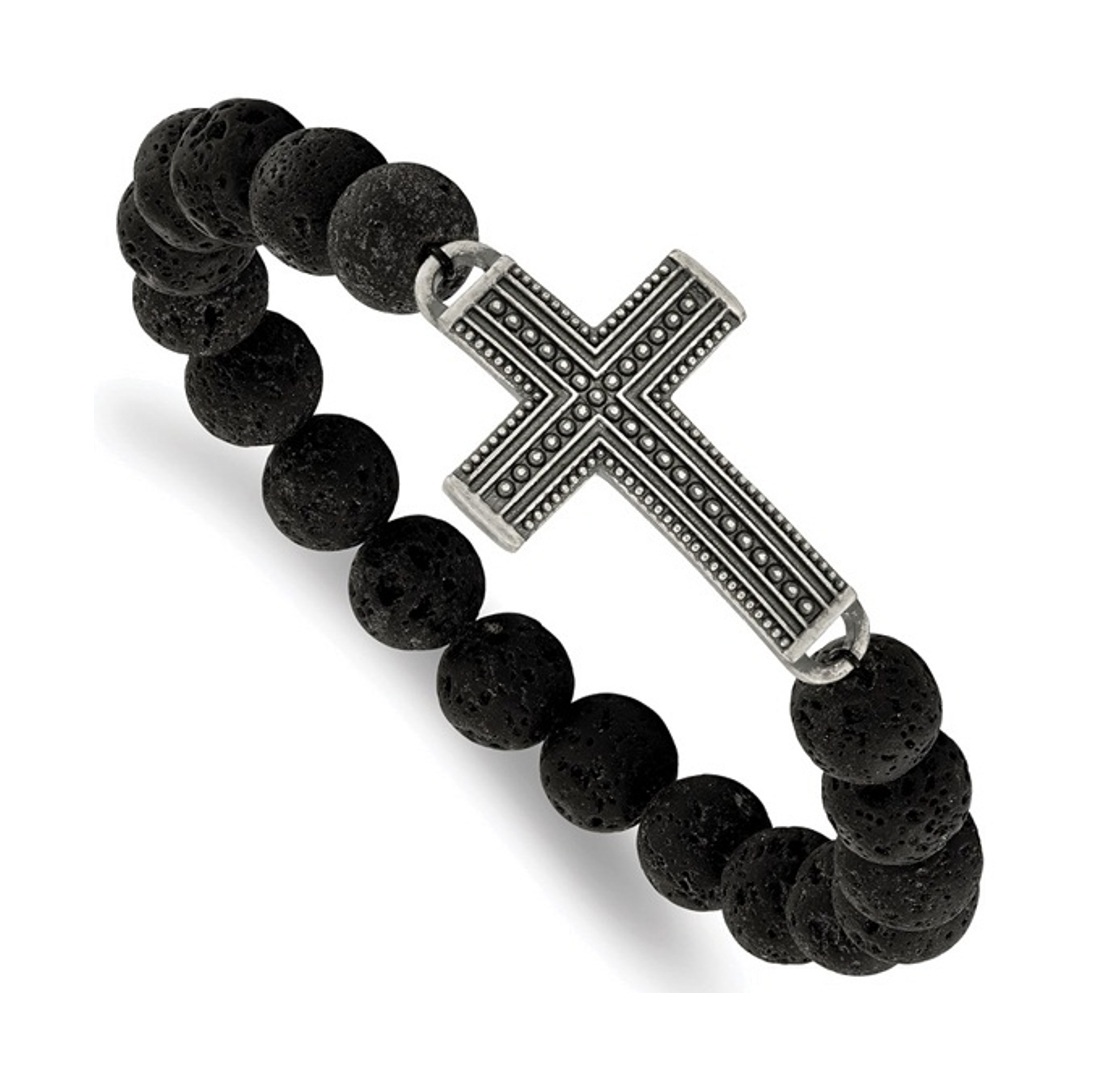 Stainless Steel Antiqued GunMetal IP With Lava Stone Cross Stretch Bracelet