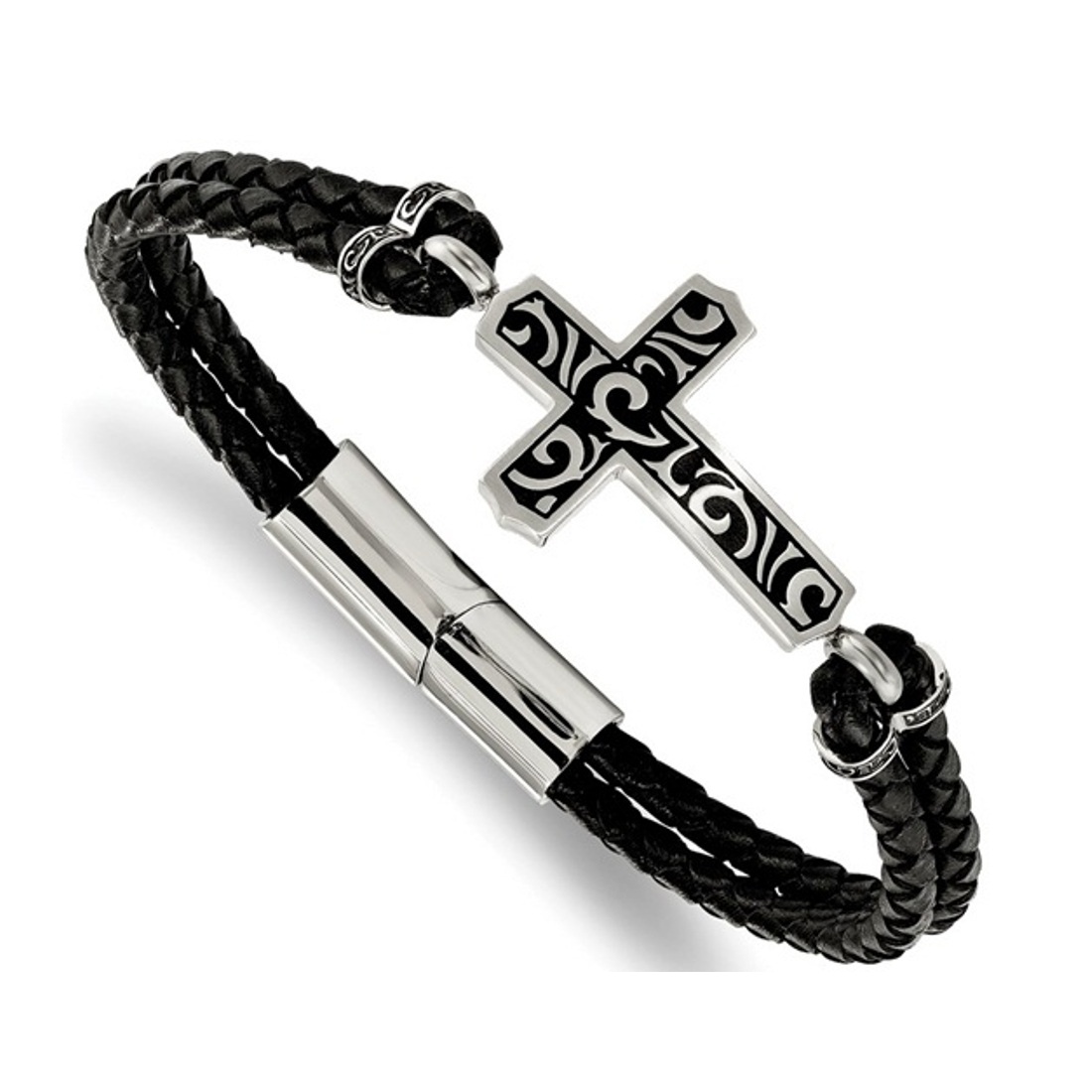 Stainless Steel Brushed Enameled Black Leather Cross 8.75in Bracelet