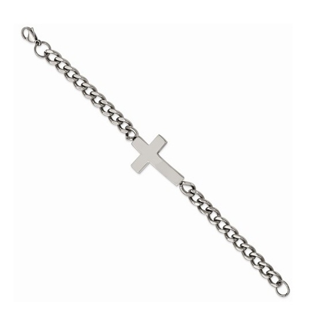 Men's Stainless Steel Sideways Cross Crub Chain Bracelet, 8.5