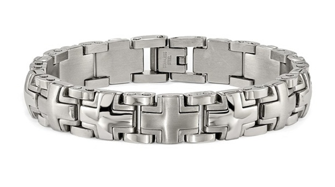 Stainless Steel Brushed And Polished Cross 8.25in Heavy Link Bracelet