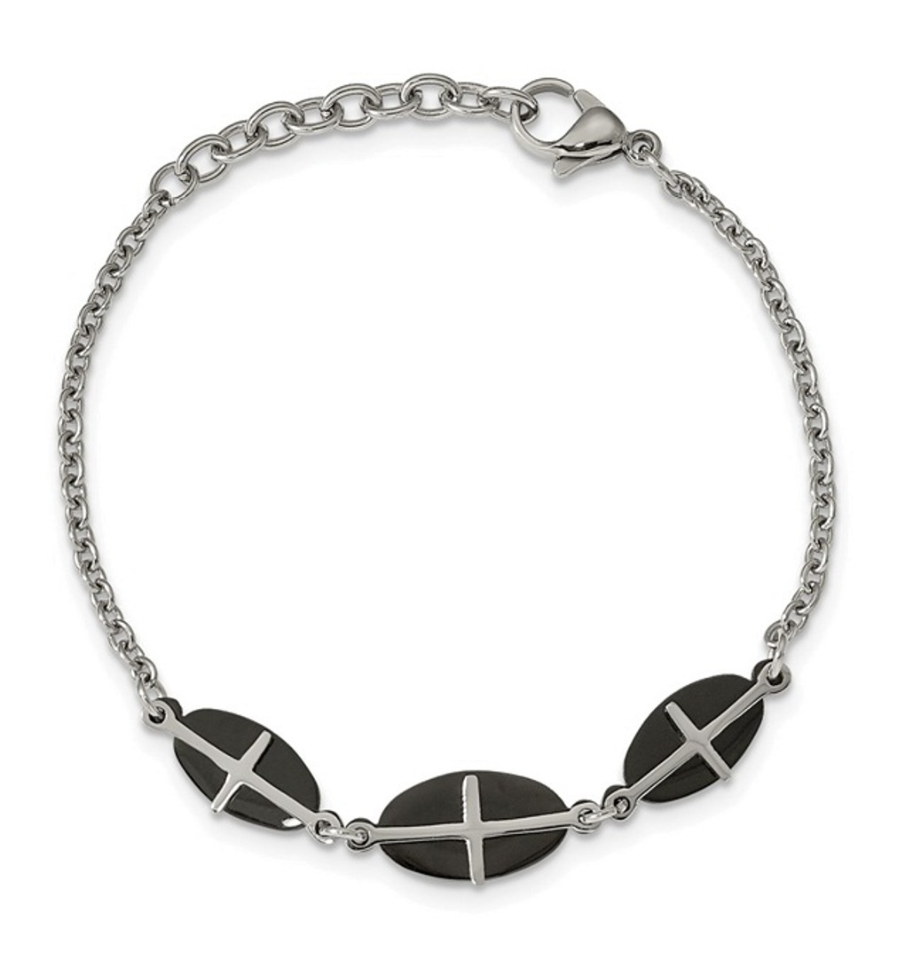 Stainless Steel Polished Black IP-Plated 7in With 1in Ext. Cross Bracelet