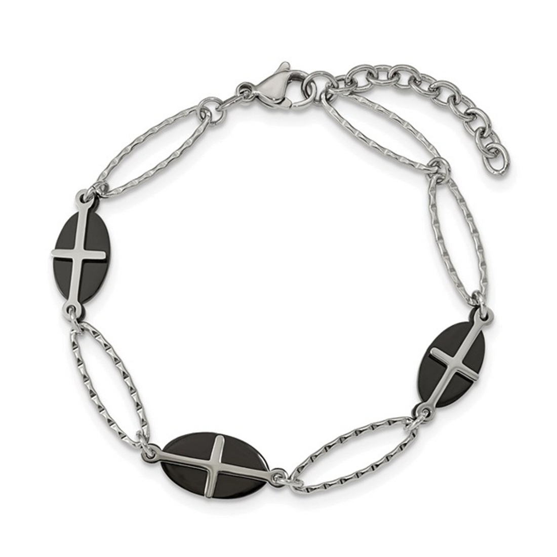 Stainless Steel Polished Black IP-Plated 7in With 1in Ext. Cross Bracelet