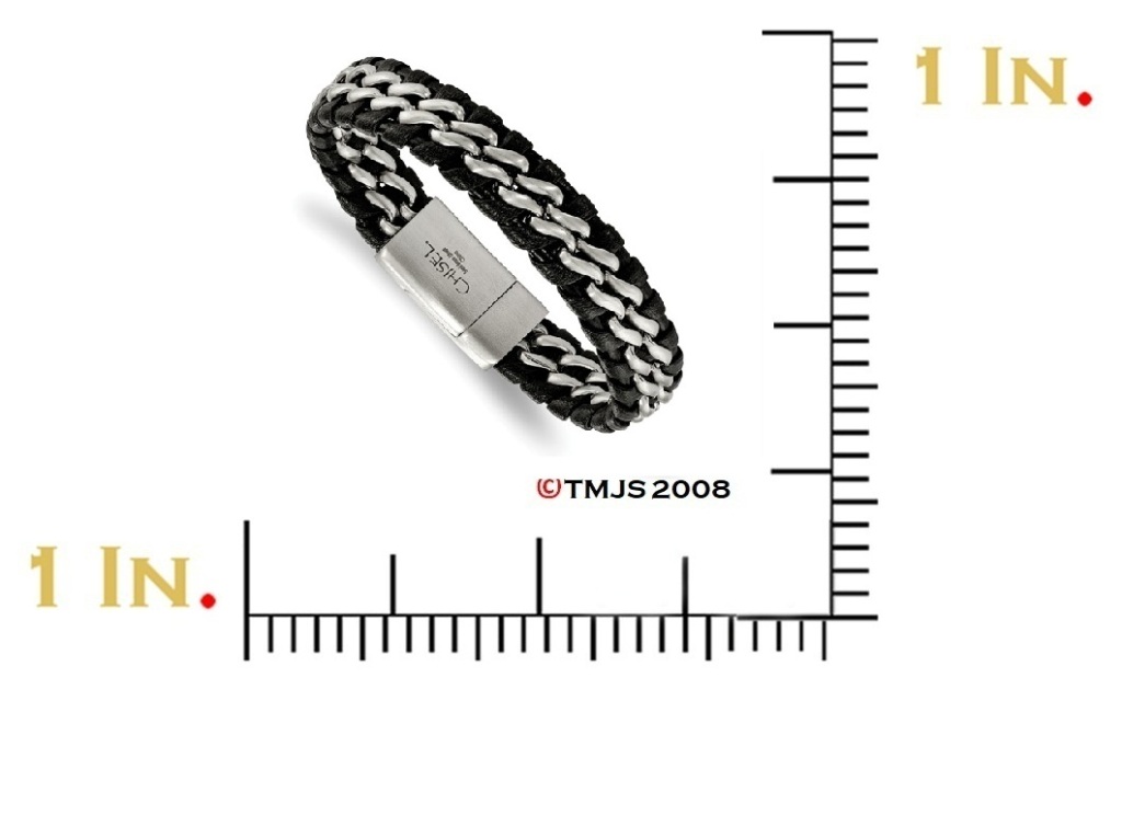 Men's Braided Black Leather Stainless Steel Bracelet, 8.50