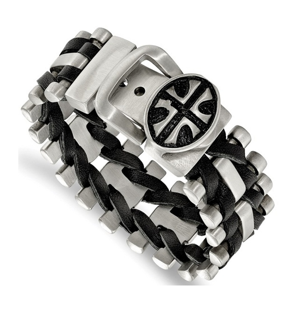 Stainless Steel Brushed Antiqued Textured Adj. Cross Blk Leather Bracelet