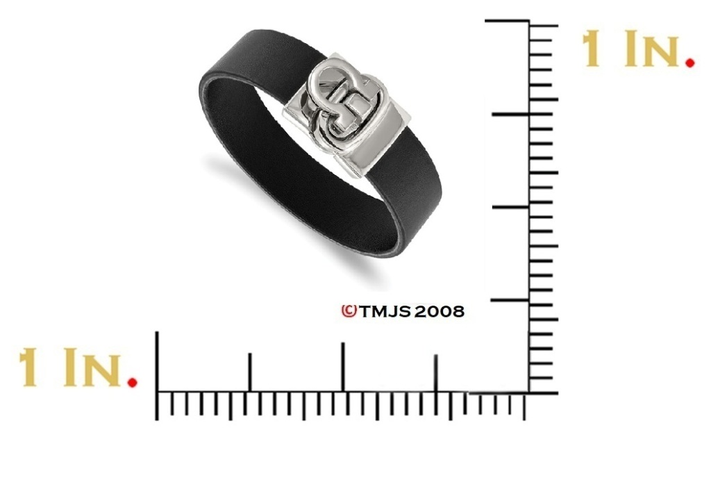 Men's Black Leather Stainless Steel Bracelet, 8.50
