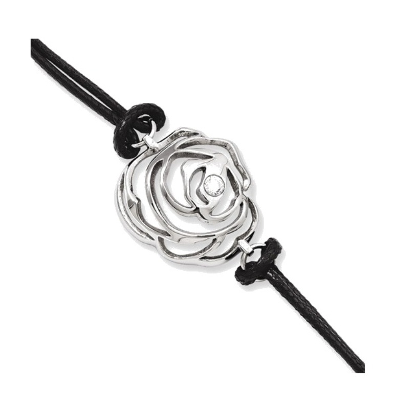 Flower with CZ and Leather Cord Stainless Steel Bracelet, 8