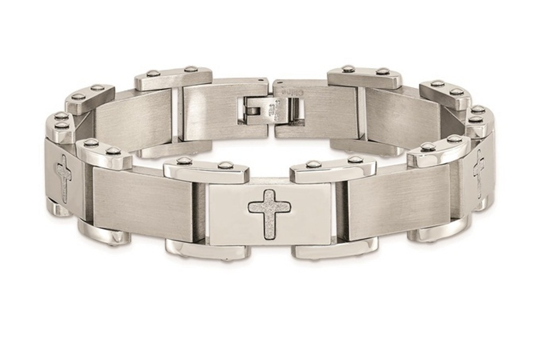 Stainless Steel Laser Cut Crosses 8.75in Bracelet