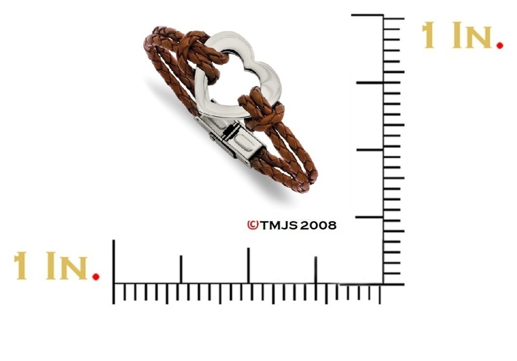 Men's Stainless Steel Polished Heart Leather Bracelet, 7.5