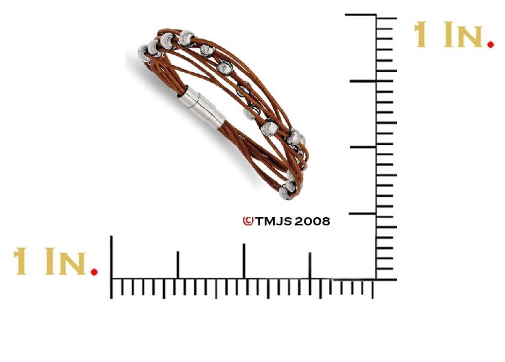 Men's Stainless Steel Beads and Brown Leather Bracelet, 7.5