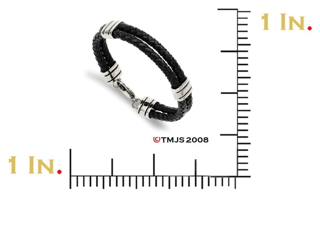 Men's Stainless Steel Black Leather Bracelet, 9