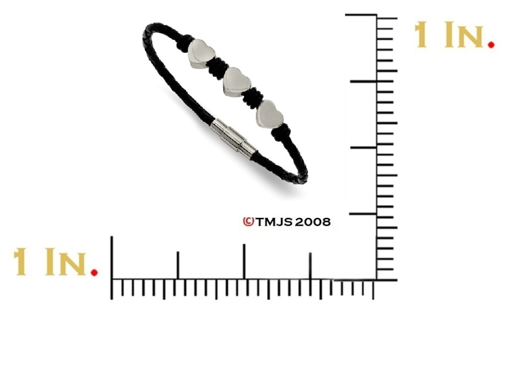 Men's Stainless Steel Polished Black Leather Hearts Bracelet, 7.5