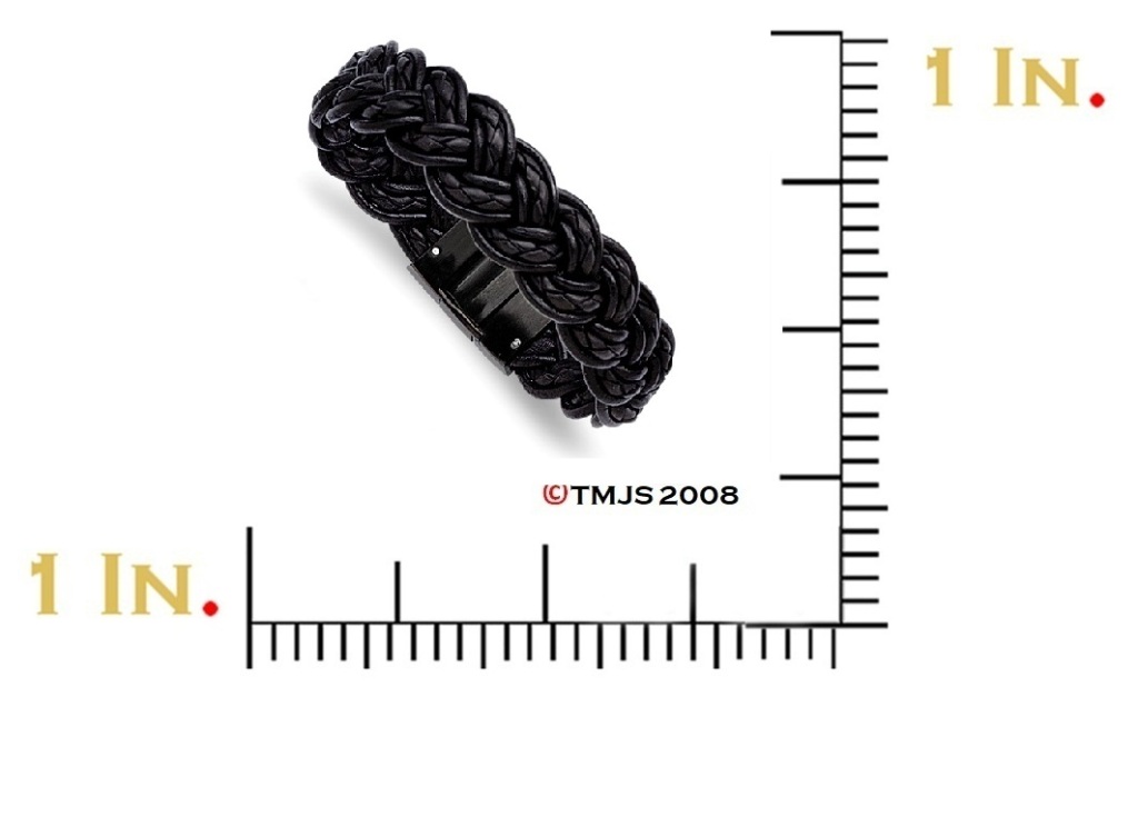 Men's Black IP Stainless Steel Black Leather and Bracelet, 8